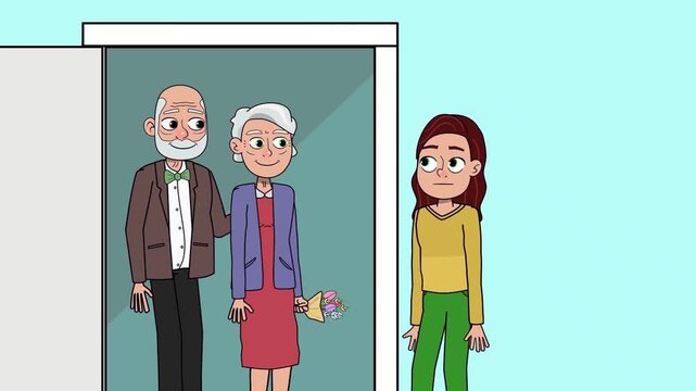 2D animation of an elderly couple and a young woman standing near an open elevator door in a hallway interior