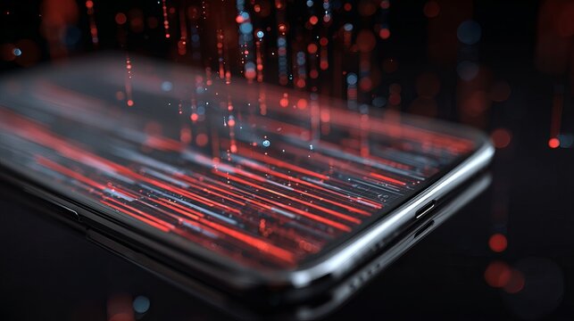 Glowing digital streams flow over a modern smartphone, showcasing futuristic data transfer, technology concept, and network visualization
