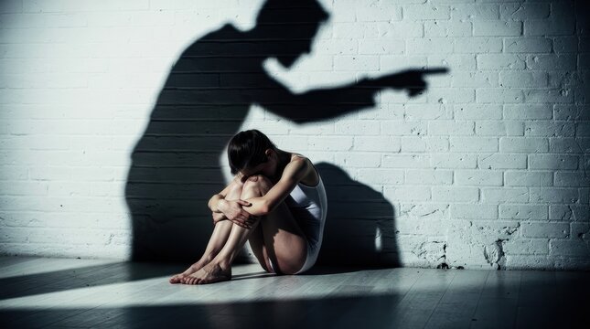 Woman sitting on floor under a menacing male shadow pointing at her. Victim of domestic abuse or bullying cowering against a brick wall. Social issue and trauma concept for mental health campaigns.