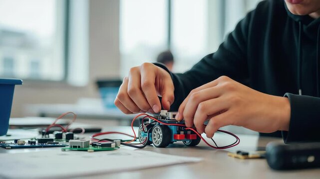 Close-up of student hands assembling a small robotic car on a desk. Person connecting wires and electronic components for a STEM education project. Hands-on engineering and technology learning