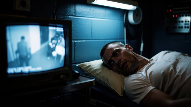 Man in prison cell watching security footage on monitor. Distressed inmate lying in bed observing surveillance video. Incarceration and paranoia concept for crime media.