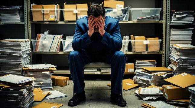Stressed businessman sitting in messy archive holding head in hands. Overwhelmed male executive surrounded by stacks of paperwork. Burnout and crisis concept for mental health or business failure.