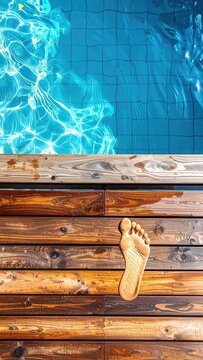 A person's bare foot rests on a wooden deck beside a shimmering blue swimming pool.