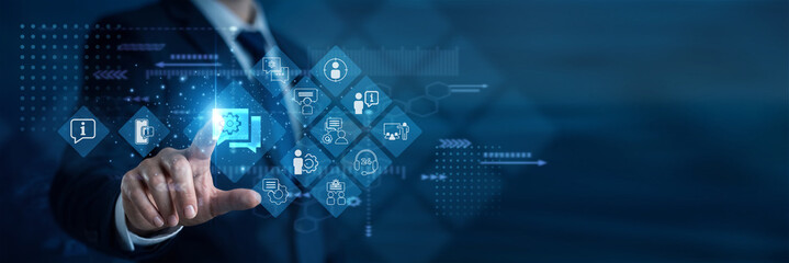 Obraz premium Tech advisor touches IT Consulting and strategic network architecture planning. This resolves complex digital bottlenecks, guiding firms toward optimal infrastructure setup for business goals.