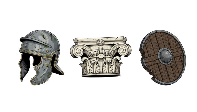 Ancient Roman Helmet Classical Column Capital and Wooden Shield
