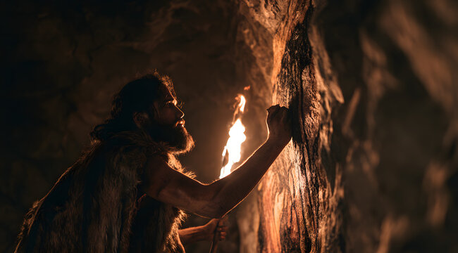 Paintings of prehistoric man in animal hides adorn cave walls. In the ancient era, a caveman with a torch captured the image of a bison. Conceptualizing the paleolithic period and human evolution