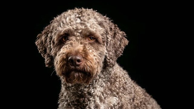 lagotto romagnolo dog close up isolated on black background studio portrait in italy video