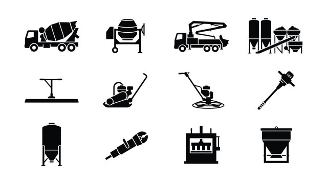 Collection of construction equipment and machinery icons with transparent background