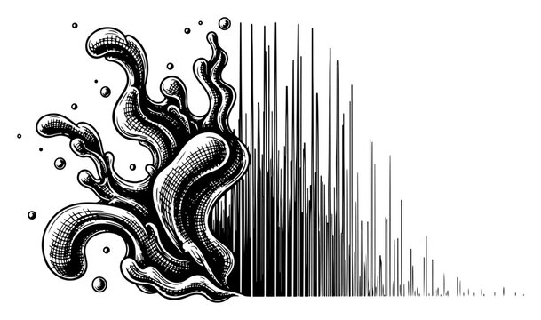 Abstract transition from organic liquid splash to digital vertical lines vector, concept of data flow and transformation