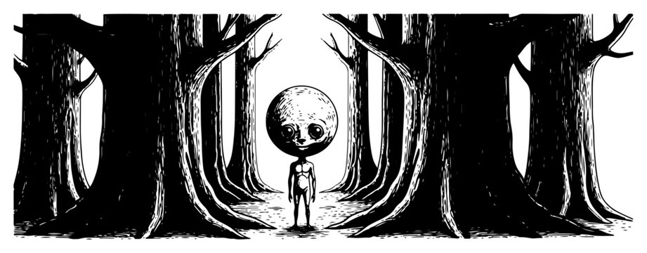 Small figure with moon head standing in dark deep forest vector illustration, concept of loneliness and cosmic exploration