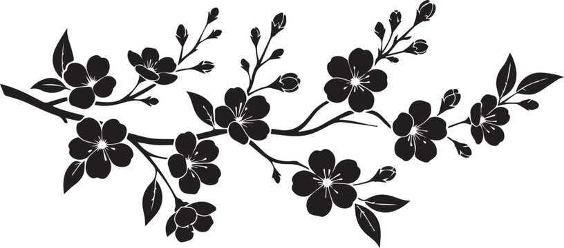 Black silhouette of a blooming cherry blossom branch with silhouette blooming illustration botanical minimalist japanese