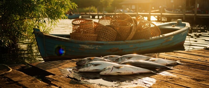 Freshly caught fish lying on a rustic wooden dock at sunrise. Traditional fishing boat with woven baskets parked in the background. Sustainable seafood and local harvest concept.