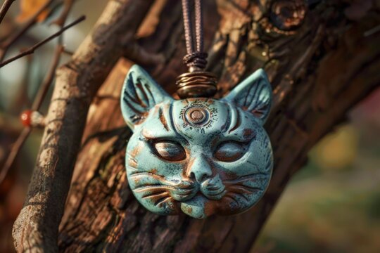 Turquoise amulet of a cat face hanging on a tree branch, creating a mystical and enchanting atmosphere