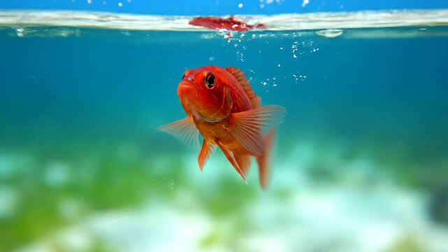 Red ornamental fish swimming in the water, small red fish swimming in the water