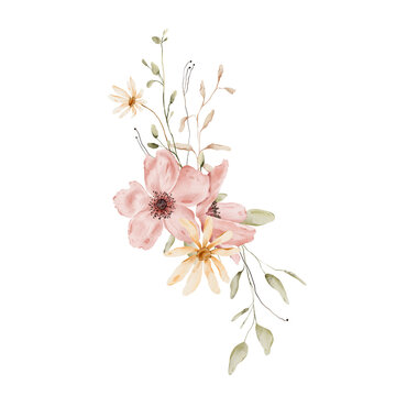 Hand painted watercolor bouquet with dusty pink poppies, pale yellow daisies, dried grass sprigs, tiny buds and soft beige leaves in muted blush terracotta palette isolated on white background