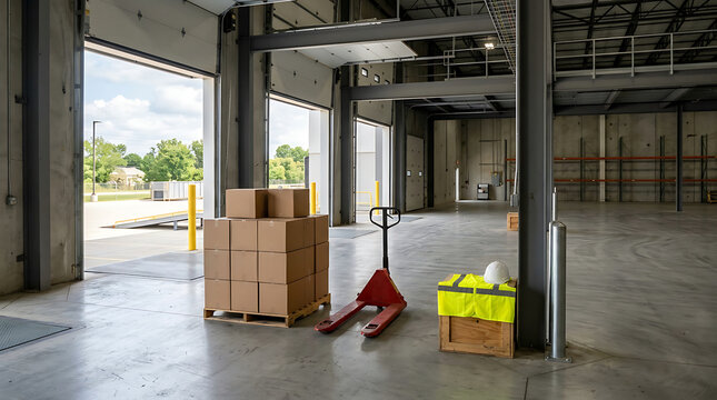 Pallet jack and stacked cardboard boxes on a wooden pallet in an empty warehouse.