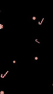 Falling Red Candy Canes and Peppermints Isolated Alpha Channel Animation ,Christmas and New Year Holiday Celebration Videos Overlay vertical social media motion design element