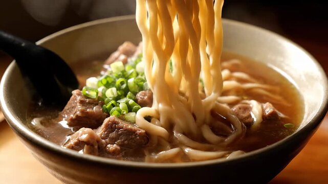 Close-up of beef noodles in a bowl, steaming hot beef noodles