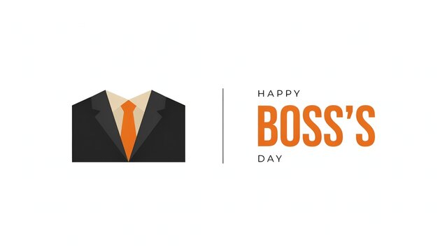 Happy Boss's Day greeting card, professional business suit icon with orange tie, corporate leadership celebration banner