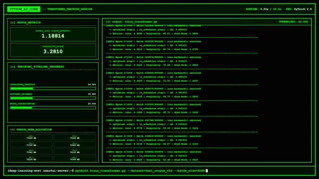 Python AI Core Transformer Training Session PyTorch Animation.