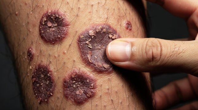 Close-up of a hand touching red circular skin lesions on a patient's leg. Dermatological examination of fungal infection or inflammatory skin disease. Medical healthcare and clinical research concept.