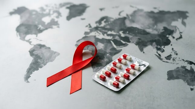 Global aids awareness concept with red ribbon and medication on world map