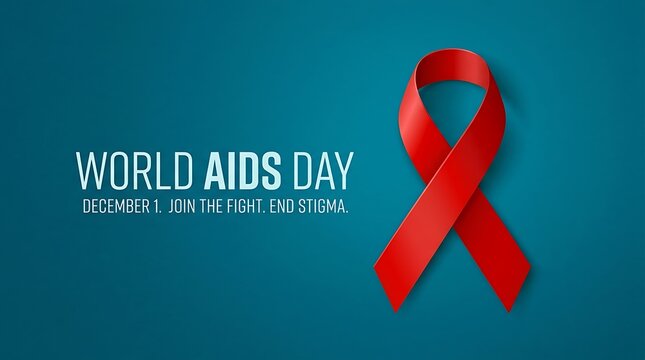World aids day awareness ribbon with text on a teal blue background