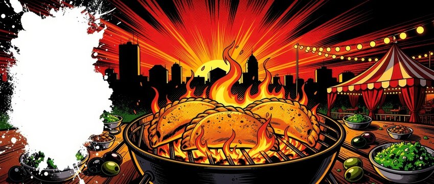 Grilled empanadas cooking over bright flames on a barbecue grill. Comic book style illustration featuring a city skyline and festive tents. Street food concept for catering and restaurant marketing.