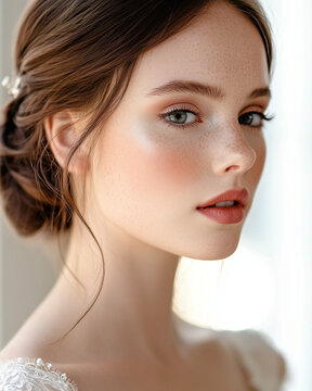 Side view portrait of elegant bride with bun hairstyle natural makeup and freckles