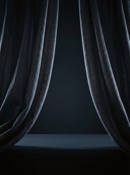 Dark navy blue velvet fabric heavy drapes hanging symmetrically with soft shadows for dramatic theatrical stage effect or elegant luxury branding background visual.