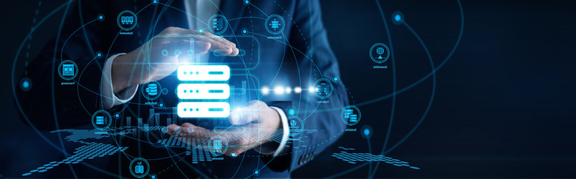 Web administrator hands hold network consoles configuring cloud server Hosting options. Secure data center infrastructure ensures continuous website availability and fast data load speeds.