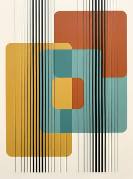 Abstract geometric composition with rounded rectangles and vertical parallel lines in retro colors.