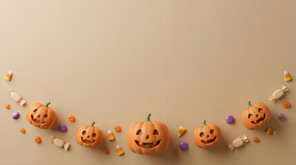 Naklejka premium Festive halloween background with carved pumpkins and assorted colorful candies arranged in a curved border frame