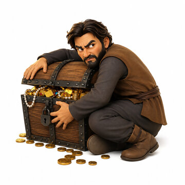 3D Cartoon Man Protecting His Wealth and Treasure
