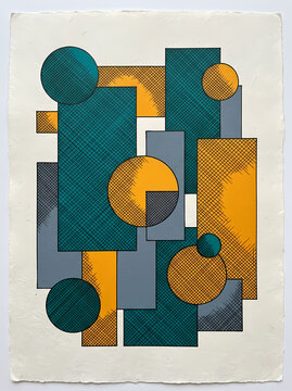 Abstract geometric composition with circles and rectangles in teal yellow and grey.