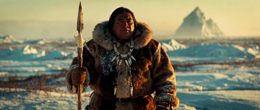 Indigenous hunter standing with a spear in an Arctic landscape. Traditional fur parka and bone necklace worn in a snowy tundra. Cultural heritage concept for educational and travel media.