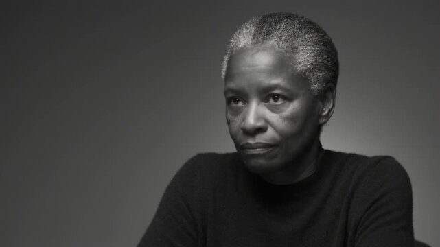 Black and white studio portrait of a smiling woman with short grey hair