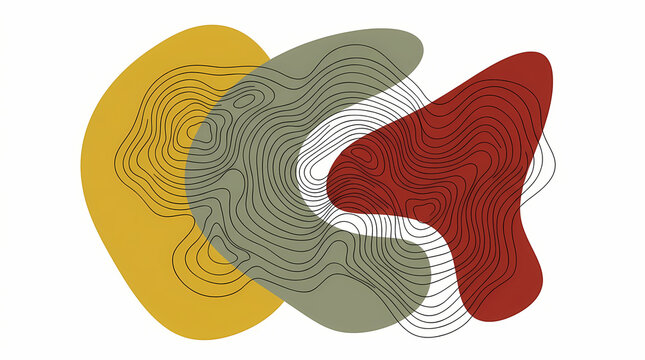 Abstract composition with organic shapes and topographic contour line patterns in earthy colors.