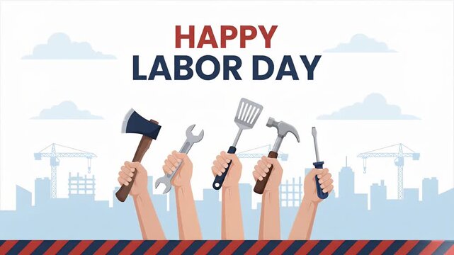 Labor day celebration with hands holding various construction tools