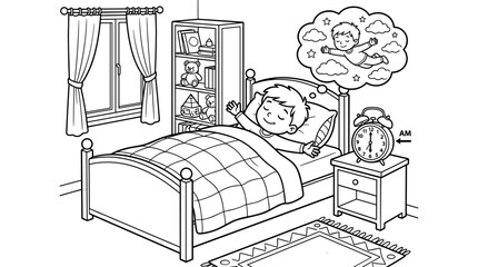 Boy sleeping in bed dreaming of flying, with alarm clock and bookshelf nearby, line art illustration © Albilais