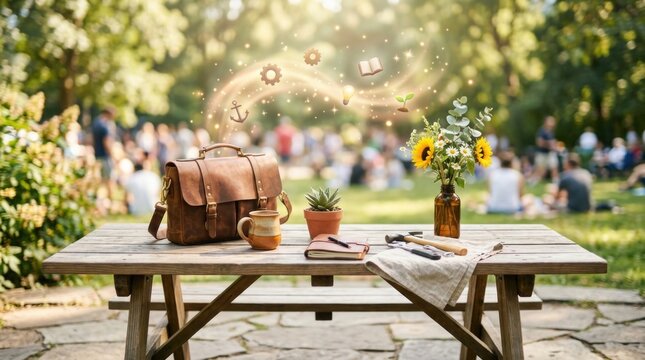 Employment celebration picnic: Labor Day, September tribute, American holiday, leather briefcase, wooden table, sunflower bouquet, sparkle trail, work tool.