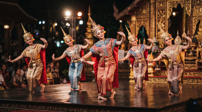 Thai Classical Dancers Performing Traditional Dance in Front of Temple