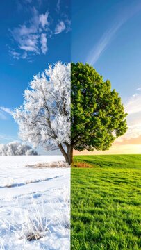 A single tree displays the stark contrast between winter and summer.