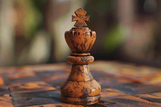 Close up of a weathered wooden king chess piece positioned on a chessboard, embodying strategy, leadership, and the power of decision making