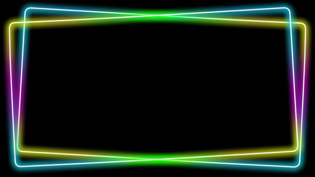 Colorful neon glowing border frame on black background.Abstract rectangular shining frame.Loop video.    ネオン　フレーム　枠　CG   動画　キラキラ　光　シンプル　おしゃれ　タイトル　オープニング　エンディング　黒背景