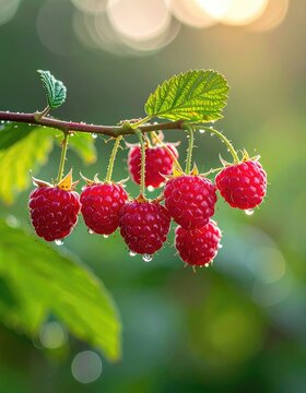 Ripe raspberries dripping with dew on a branch in the soft morning light.