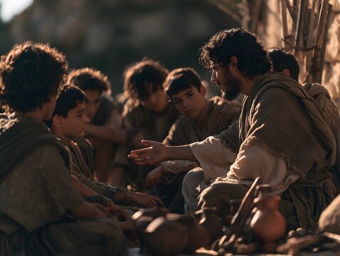 Jesus teaching a group of young men outdoors in an ancient setting, sharing wisdom and parables