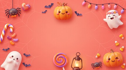 Fototapeta premium Cute halloween border with ghosts pumpkins spiders and candy on a bright orange background
