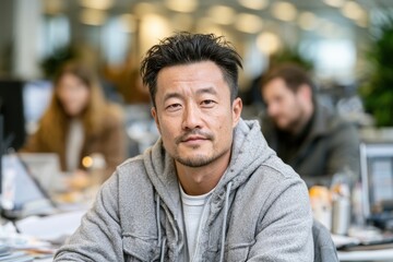 Fototapeta premium A focused East Asian male employee wearing a casual hoodie in a professional office environment.