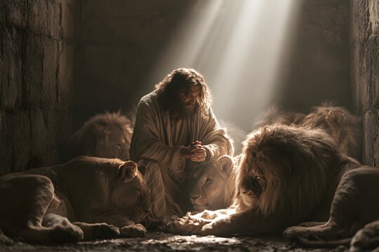 Daniels serenity a man of god protected in the lions den, surrounded by calm and gentle lions